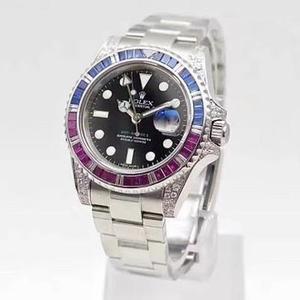 Nyt produkt fra BP fabrik, diamant-besat Rolex, ædelsten regnbue cirkel GMT Greenwich serien, størrelse 40mm unisex ur