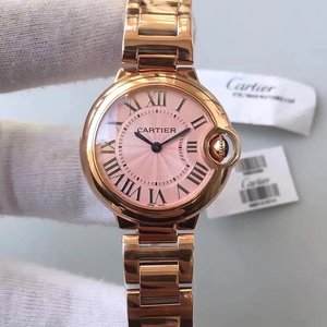 Guld-klædte Cartier Blå Ballon Series W69002Z2 33mm Kvinders Quartz Watch Top Genudgivelse Version (White Face Model)