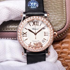 YF Chopard Happy Diamond 278559-3003 ur, diamant-besat rosa guld damer mekanisk ur, silke rem