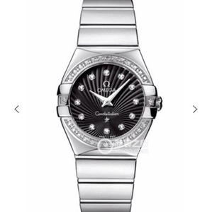 V6 Omega Constellation Series Ladies Quartz Watch 27mm One to One indgraveret ægte sort ansigt diamanter