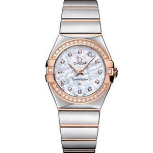 V6 Omega Constellation Series Ladies Quartz Watch 27mm One to One indgraveret ægte Shell Face Rose Gold Diamonds
