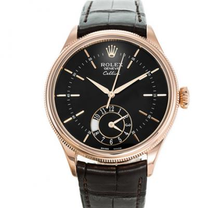 En til en replika Rolex Cellini 50525 sort plade rosa guld, dobbelt tidszone kronograf på 6 klokken