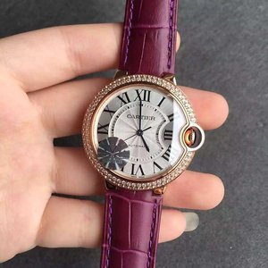 Re-indgraveret Cartier Blå Ballon Medium Rose Gold Mekanisk Watch med Diamond Ring v6