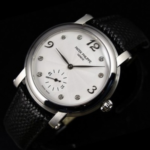 Schweizer Uhr Patek Philippe schwarzes Lederarmband retro unabhängige kleine zweite Stahlgehäuse zwei Hände und eine halbe Anzahl diamantweiß Gesicht Skala