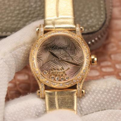 Chopard HAPPYSPORT Serie Damenuhr Happy Diamond Serie Gold Modell Damenuhr Lederarmband automatische mechanische Uhr - zum Schließen ins Bild klicken