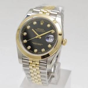 N Factory Rolex Datejust 41MM uuden version taittuva solki mustan timantin miesten mekaaninen kello (kultainen tyyppi).