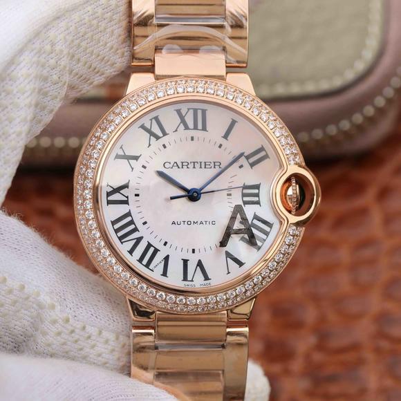 V6 factory Cartier blue balloon series rose gold with diamonds 33mm ladies mother-of-pearl steel belt mechanical female watch v4 upgraded version - Click Image to Close