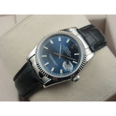 Rolex Rolex Watch Datejust Black Leather Strap Blue Noodle Ding Scale Men's Watch Swiss ETA Movement - Click Image to Close
