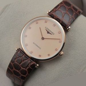 Swiss Longines Garland Series 18K Rose Gold Full Leather Strap Automatic Mechanical Men's Watch