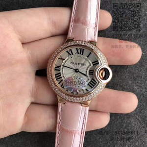 v6 Gegraveerd Cartier Blue Balloon Quartz Women's Watch Rose Gold Diamond Pink Belt