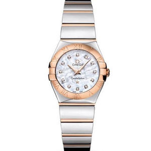 V6 Omega Constellation Series Ladies Quartz Watch 27mm One to One Engraved Genuine Shell Face Rose Gold