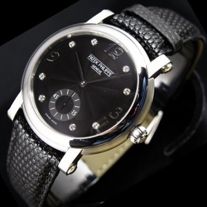 Swiss watch Patek Philippe black leather strap retro independent small second steel case two hands half black numerals diamond Roman scale