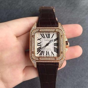 V6 Factory Cartier Santos Rose Gold Full Diamond Medium Ladies Mechanical Watch