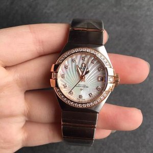 V6 New Omega Constellation Rose Gold Diamond Ring Radial Pattern Mother-of-pearl Face Ladies Mechanical Watch